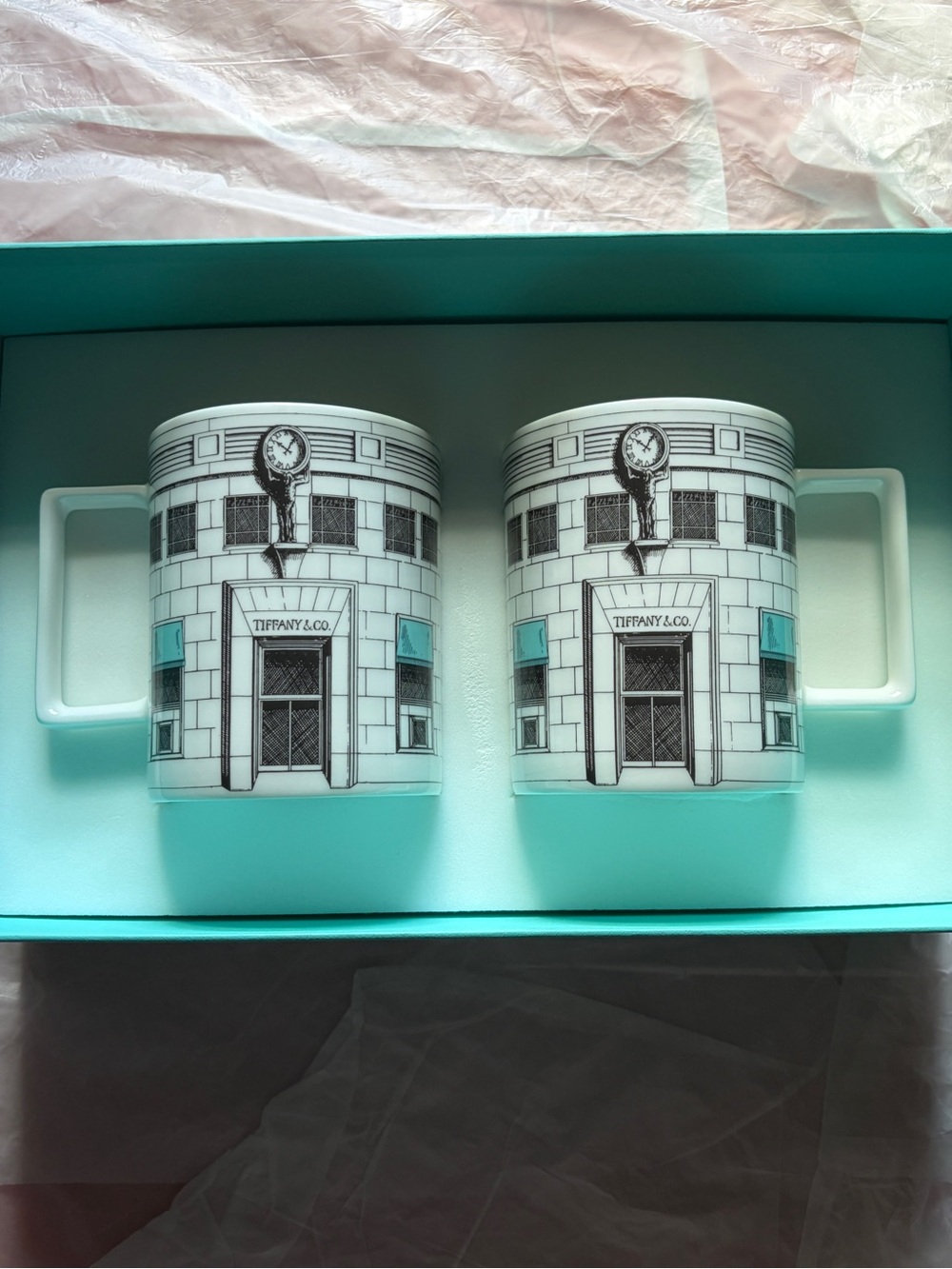 Tiffany & Co. White and Tiffany Blue Building Motif Porcelain Mug Pair